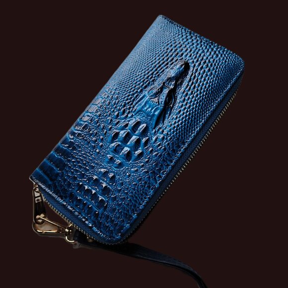 Raised Crocodile Embossed Leather Zipper Wallet Clutch Wristlet Card Holder - Picture 3 of 6